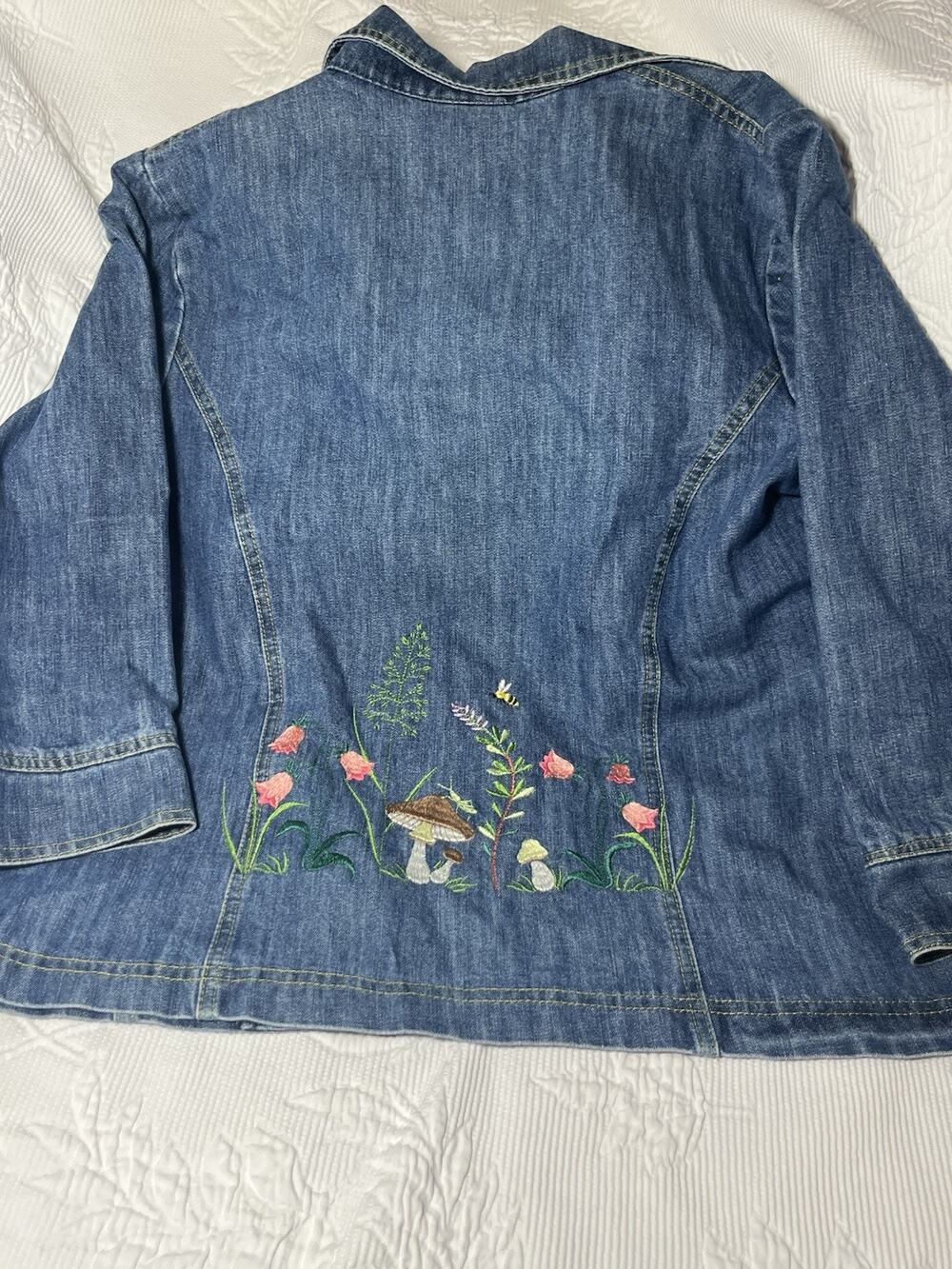 Custom Embroidered Denim Jacket Upcycled Coldwater Creek 6 Boho Mushroom Floral
